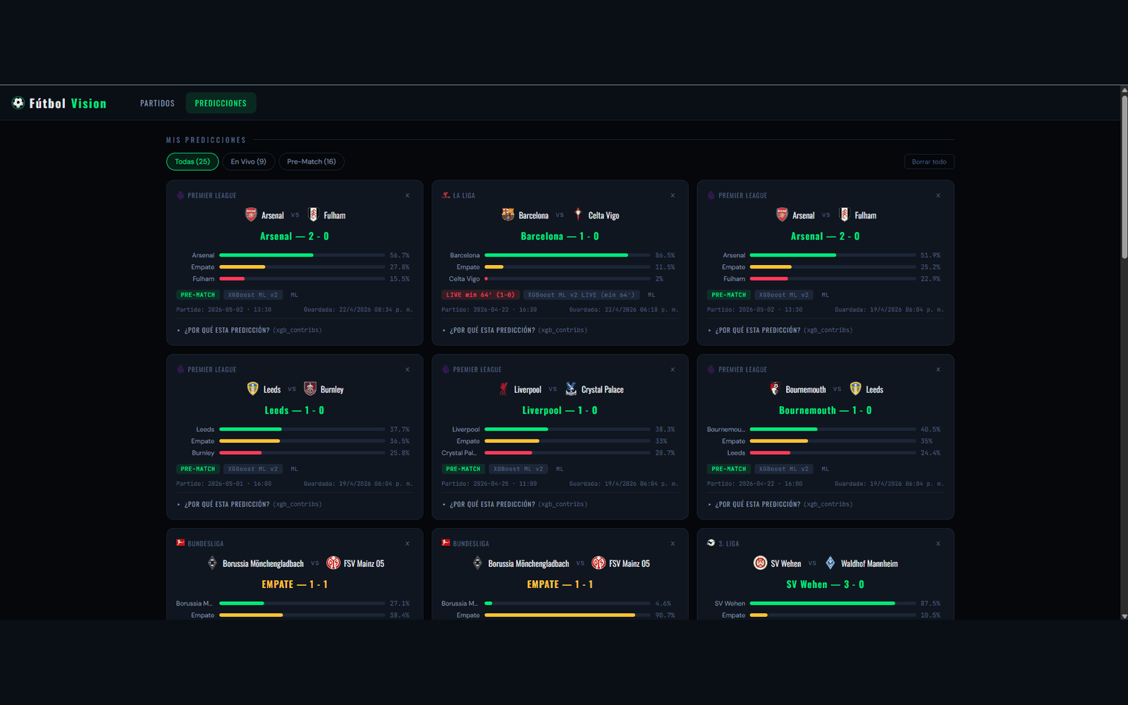 Las predicciones guardadas, filtrables entre en vivo y pre-match: cada una con su marcador estimado, las tres probabilidades y el modelo que la generó