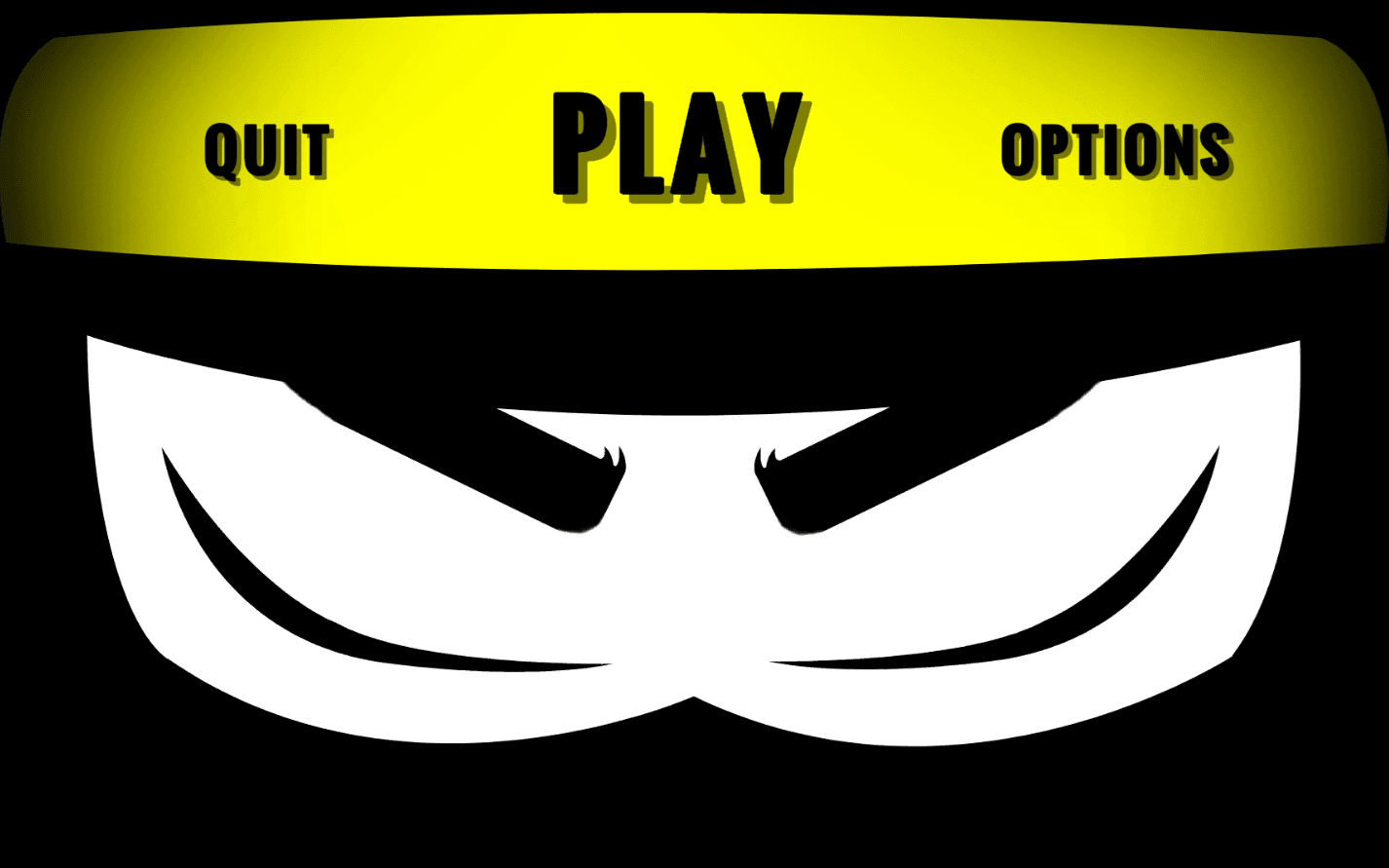El menú principal de Nindo: la barra con PLAY, QUIT y OPTIONS sobre la máscara del ninja en negro y amarillo.