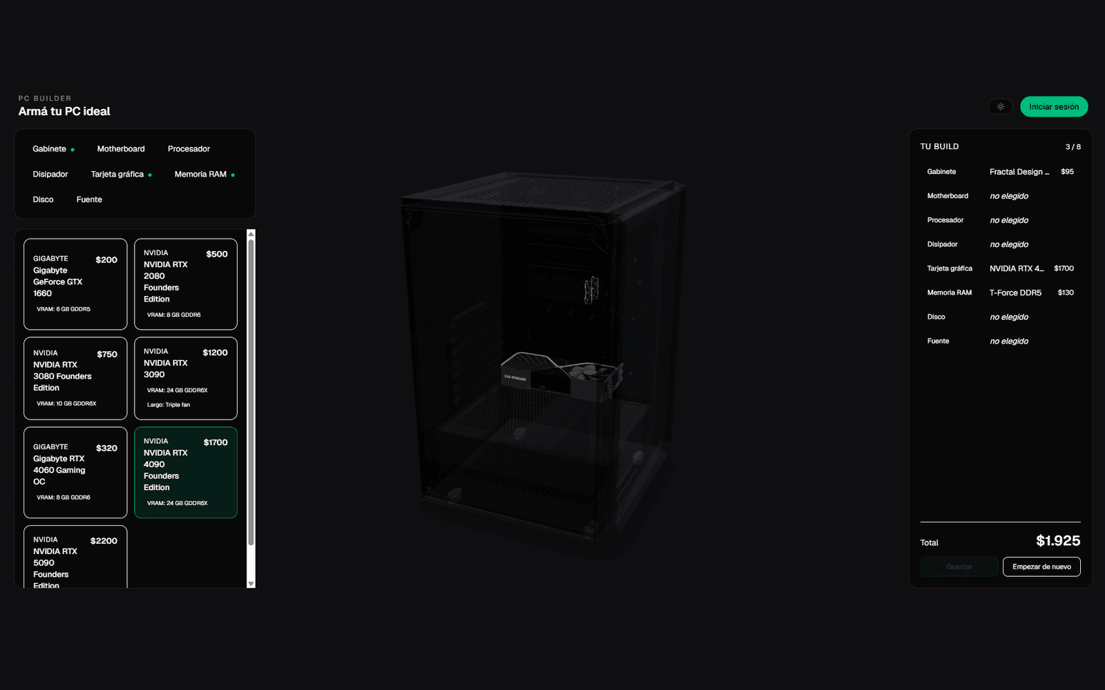 El armador en uso: el catálogo de componentes a la izquierda, la PC en 3D en el medio y el resumen del build con el total a la derecha